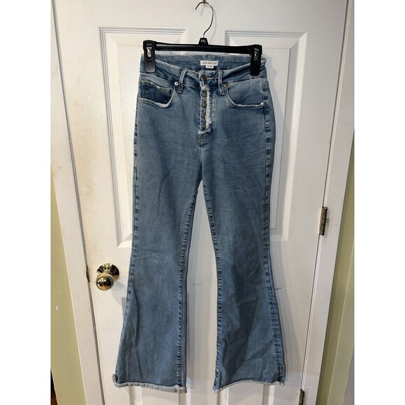 Good American GOOD FLARE Jeans Womens Sz 0/25 Raw Exposed Button Front Lightwash - Picture 9 of 9